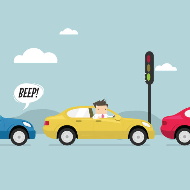 Businessman on the road with traffic jam, Green traffic light, honk a horn. Businessman on the road with traffic jam, Green traffic light, honk a horn. vector thinking fast and slow stock illustrations