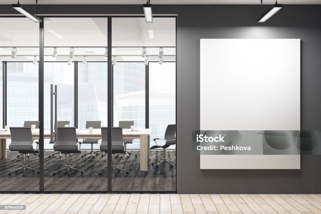 Modern meeting room with blank banner Modern meeting room corridor with blank banner on concrete wall, city view and daylight. Mock up, 3D Rendering Office Stock Photo