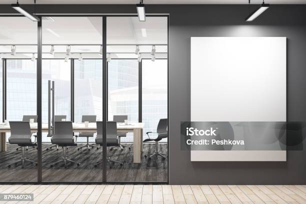 Modern Meeting Room With Blank Banner Stock Photo - Download Image Now - Office, Meeting Room, Poster