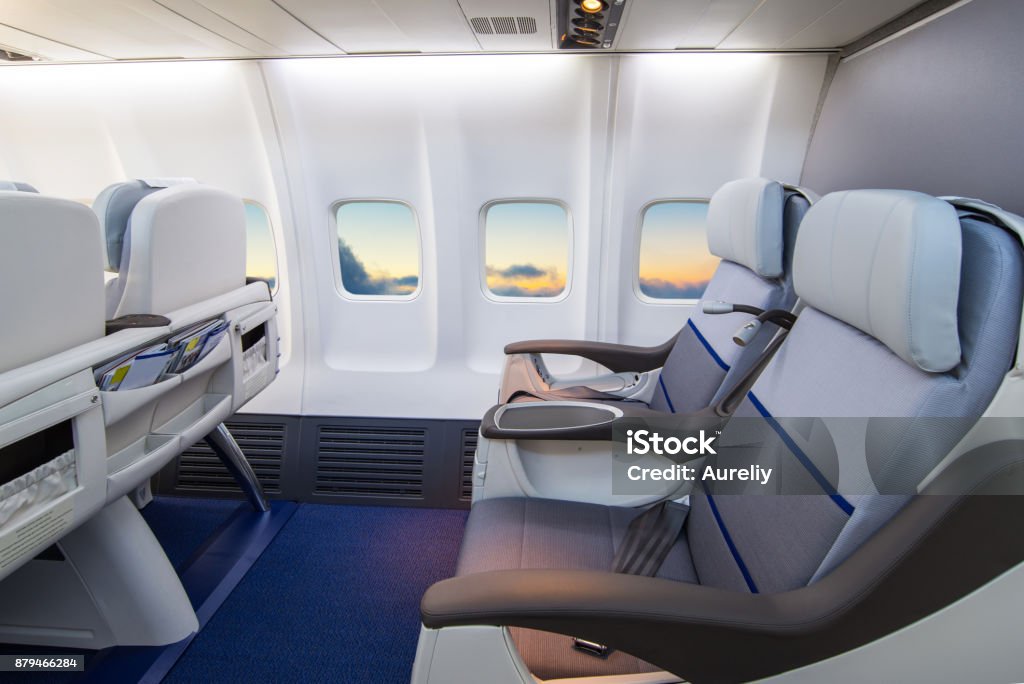 Airplane Interior Empty airplane seat First Class Stock Photo