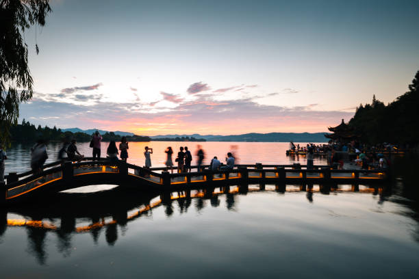 Dramatic sunset at West Lake, Hangzhou, China.