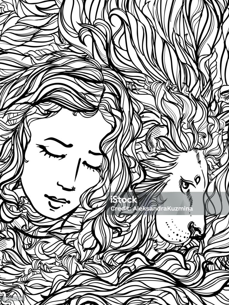 Hand drawn vector illustration of doodle lion and woman with curly hair on white background. sketch. Vector eps 8 Lion - Feline stock vector