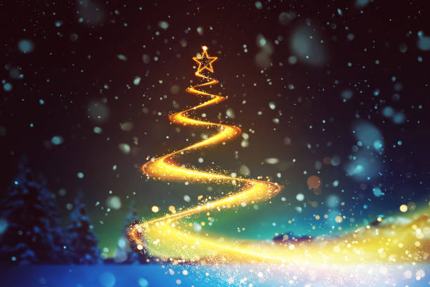 istock Abstract glittering gold flow on christmas tree shape follow one direction with bokeh and fade effect . 879500486
