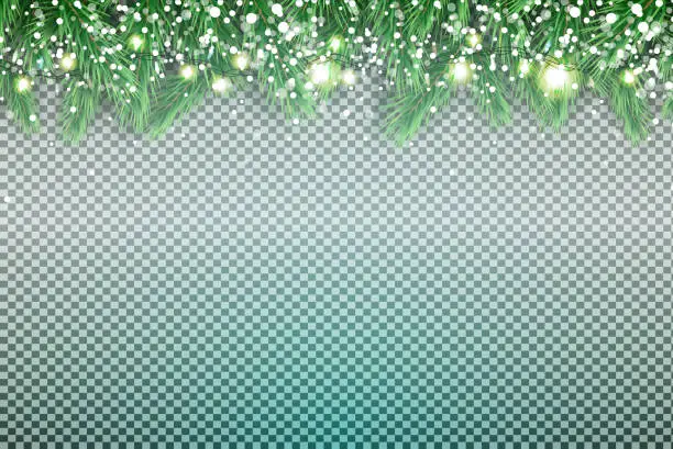 Vector illustration of Fir Branch with Neon Lights and Snowflakes on Transparent Background.