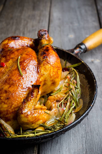 istock Roasted chicken in pan on the rustic wooden background 879507782