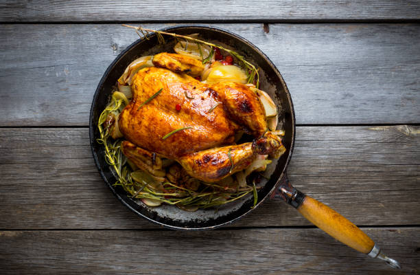 istock Roasted chicken in pan on the rustic wooden background 879507794