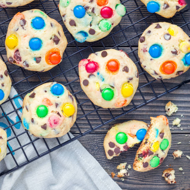 istock Shortbread cookies with multi colored candy and chocolate chips, top view, square 879515444