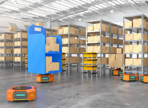 istock Orange robot carriers carrying goods in modern warehouse 879518372