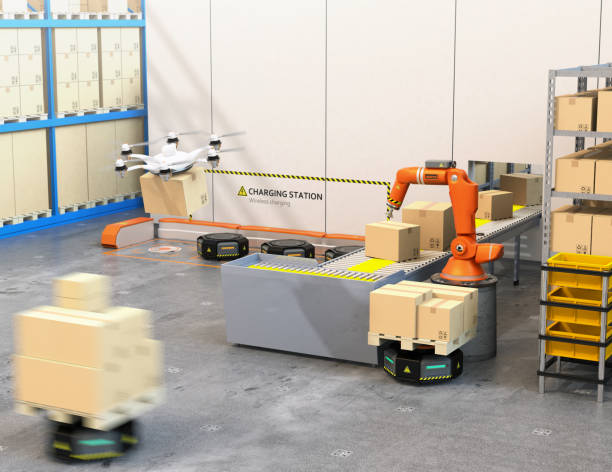 istock Modern warehouse equipped with robotic arm, drone and robot carriers 879518448