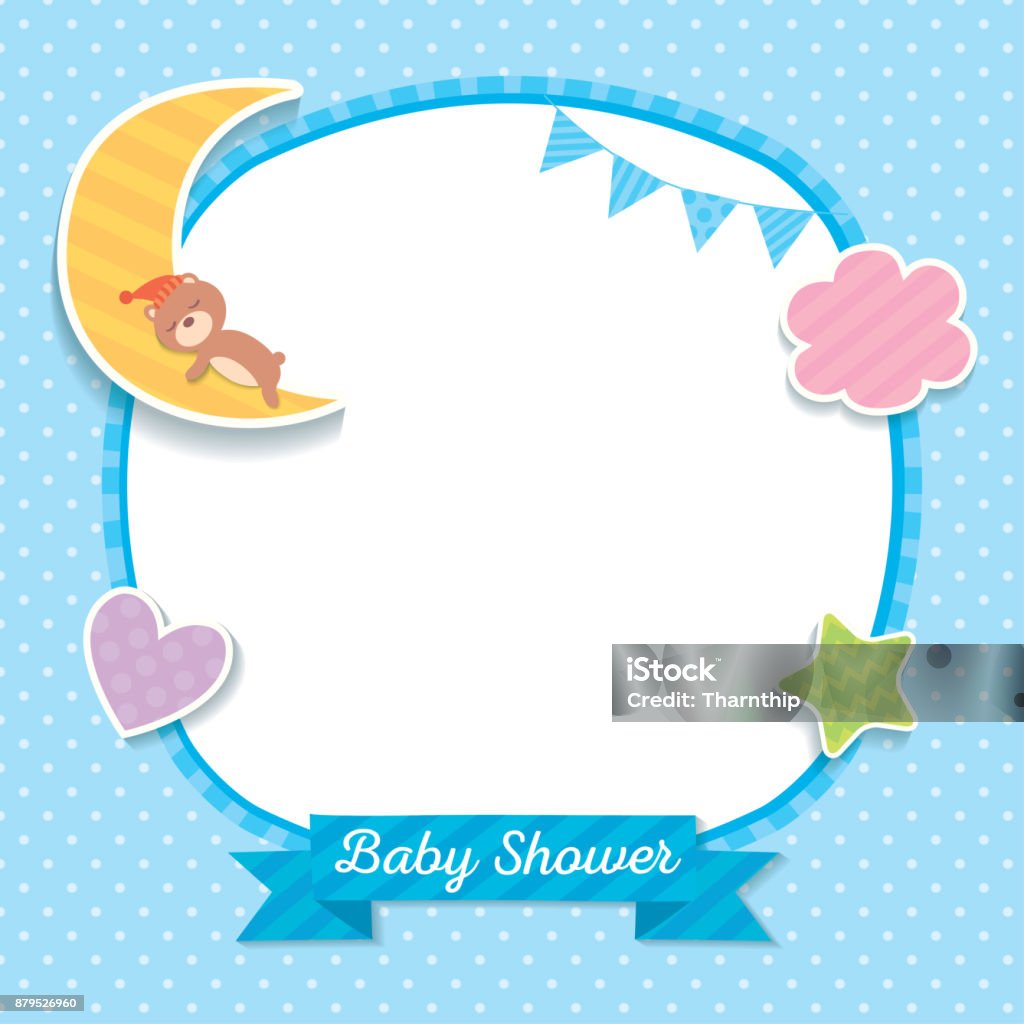 Baby shower blue template Baby shower template design with sleeping bear on moon decorated with cloud, heart, star and bunting to frame on blue polka dot background. Baby - Human Age stock vector