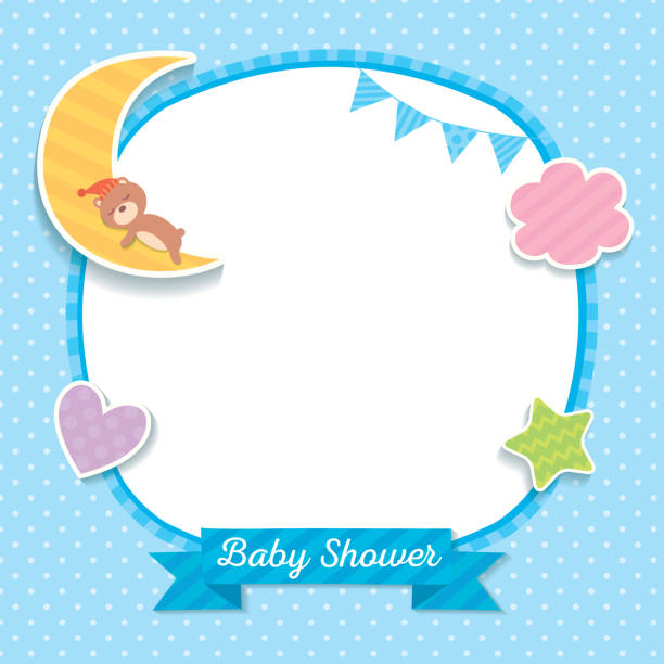 Baby shower blue template Baby shower template design with sleeping bear on moon decorated with cloud, heart, star and bunting to frame on blue polka dot background. bedroom borders stock illustrations