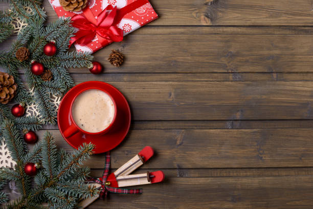 istock Christmas or New Year card. Coffee and red gift box 879527304