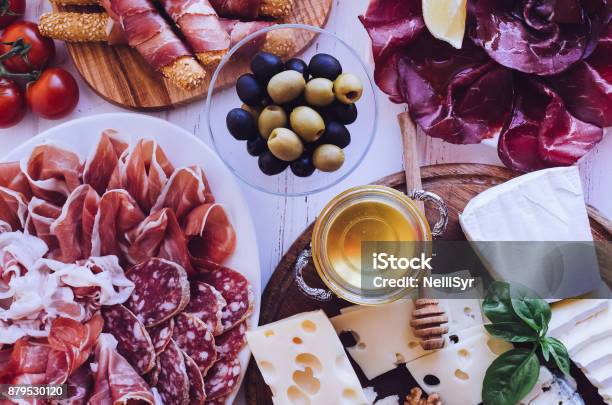 Table Full Of Mediterranean Appetizers Stock Photo - Download Image Now - Above, Antipasto, Appetizer