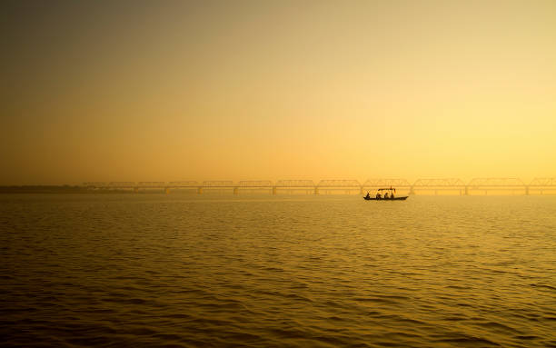 Pilgrims across River Sarayu, Ayodhya stock photo