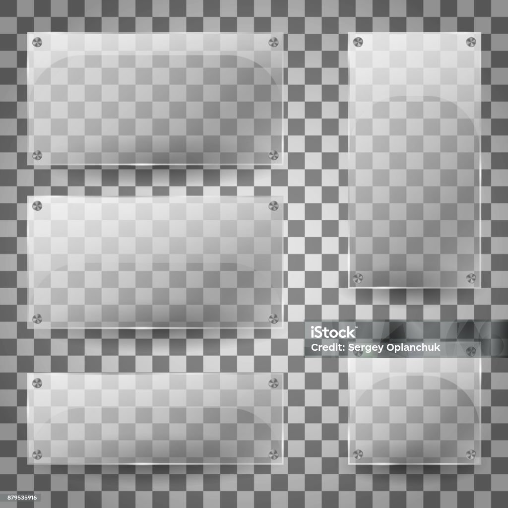 Transparent glass blank vertical and horizontal glossy empty banners on checkered background. Set of transparent glare glass plates. Vector Illustration Transparent glass blank vertical and horizontal glossy empty banners on checkered background. Set of transparent glare glass plates. Vector Illustration EPS 10 Sign stock vector