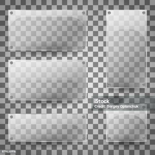 Transparent Glass Blank Vertical And Horizontal Glossy Empty Banners On Checkered Background Set Of Transparent Glare Glass Plates Vector Illustration Stock Illustration - Download Image Now