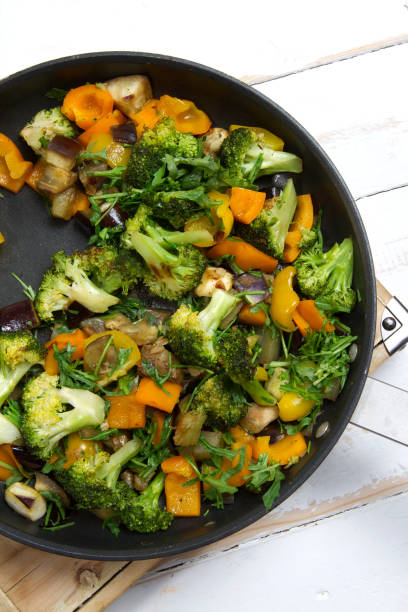 istock Stewed vegetables: broccoli, garlic, onions, bell peppers, eggplant and arugula 879540884