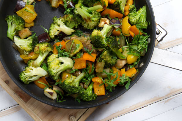 istock Stewed vegetables: broccoli, garlic, onions, bell peppers, eggplant and arugula 879540890