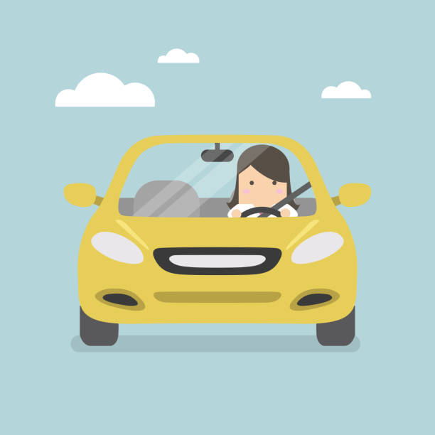 実業家の道で黄色い車を運転 - car driving front view cartoon点のイラスト素材／クリップアート素材／マンガ素材／アイコン素材