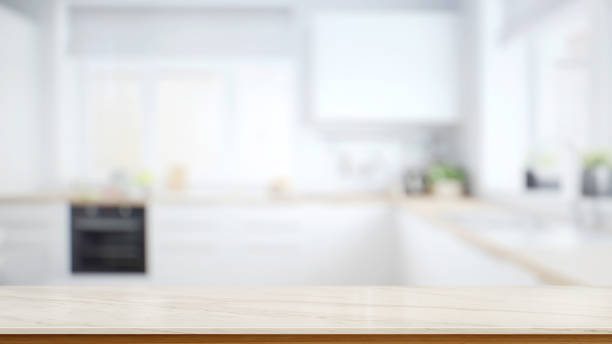 istock Smart Display Concept. Empty wood table in modern kitchen room. for product montage display. 879573436
