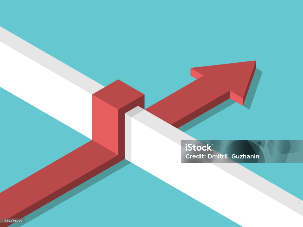 Isometric arrow above wall Isometric arrow overcoming above wall on turquoise blue background. Challenge, success, development and solution concept. Flat design. Vector illustration, no transparency, no gradients Flexibility stock vector