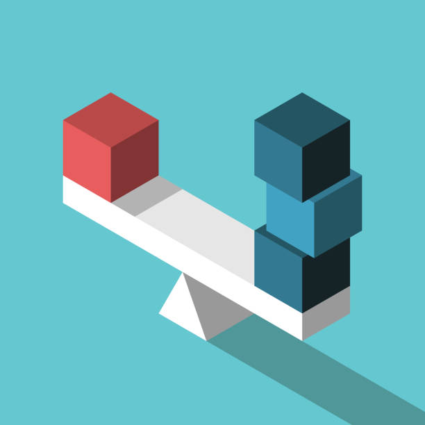 One and three, equilibrium Red isometric box and three blue ones on seesaw weight scale in equilibrium. Uniqueness, balance, leadership and competition concept. Flat design. Vector illustration, no transparency, no gradients comparison illustrations stock illustrations