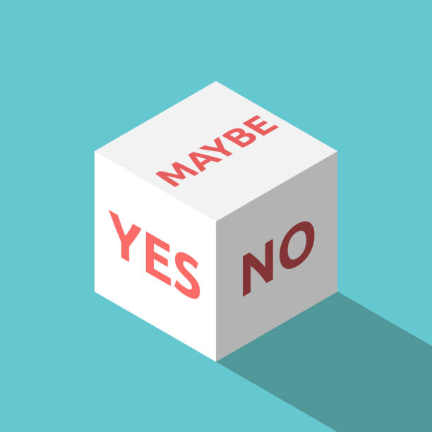 Yes, no, maybe cube Isometric yes, no, maybe white cube on turquoise blue background with long shadow. Decision, choice and uncertainty concept. Flat design. Vector illustration, no transparency, no gradients yes no icon stock illustrations