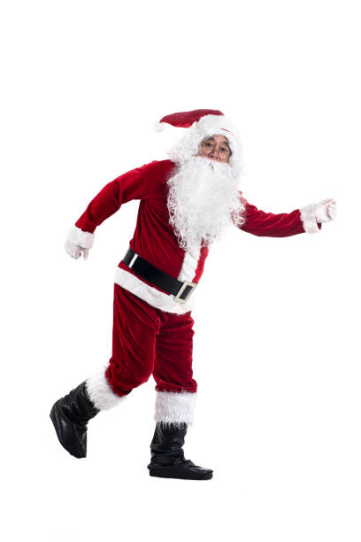 istock Happy traditional Santa Claus running isolated on white background. 879579418