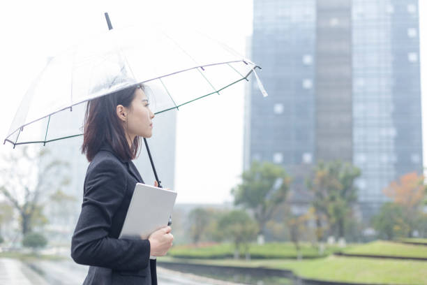 istock Businesswoman holding digital tablet under umbrella 879579756