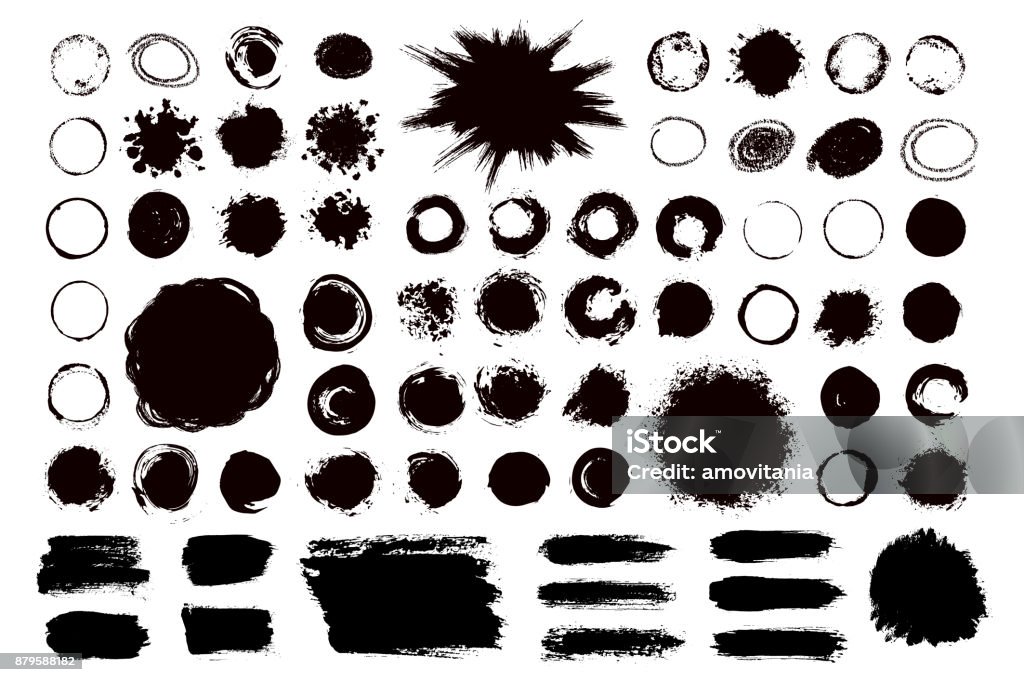 Brush Stroke Text Boxes Frames Brush Strokes Set. Painted circle and round text boxes. Rectangle and square paintbrush banners. Grunge design elements. Dirty distress texture banners. Ink splatters. Vector illustration. Circle stock vector