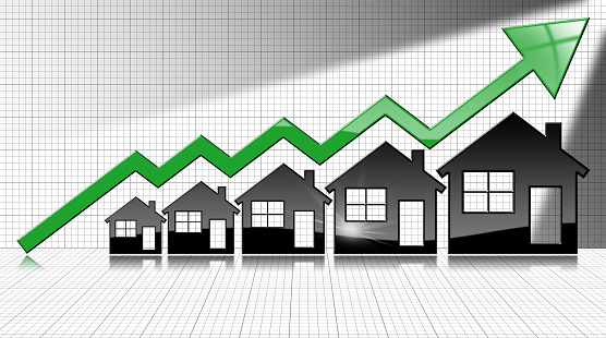 Growing real estate sales - 3D illustration of five house-shaped symbols and a graph of growth with a green arrow