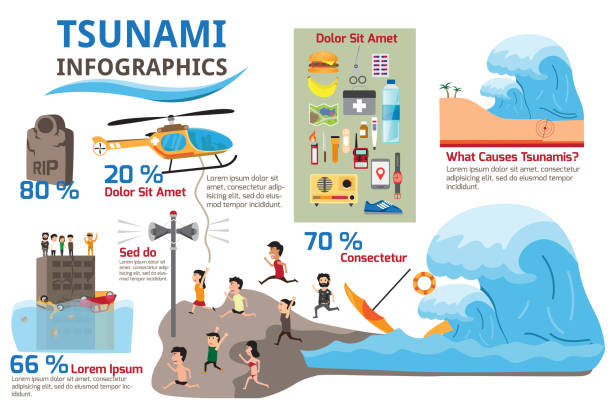 Tsunami with survival and earthquake infographics elements. Detail of danger earthquake into Tsunami with detail to protect yourself from big wave. vector illustration. vector art illustration