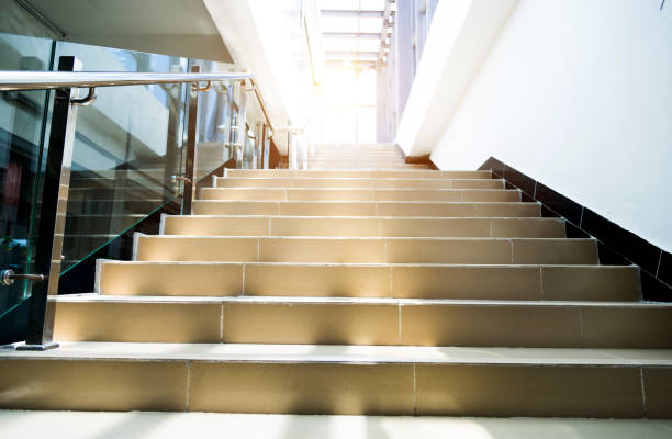 istock Marble staircase and glass railings 879594554