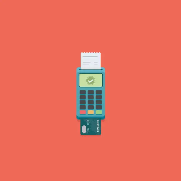 Vector illustration of Flat Pos payment terminal and credit card. Cashless payment Illustration