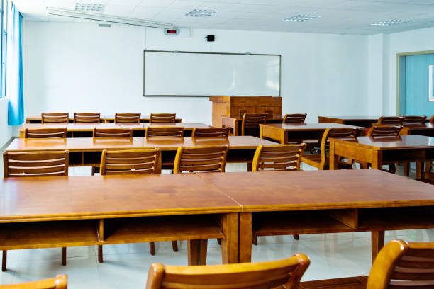 istock Wooden tables and chairs in the classroom 879595514