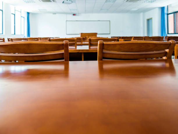 istock Wooden tables and chairs in the classroom 879597622