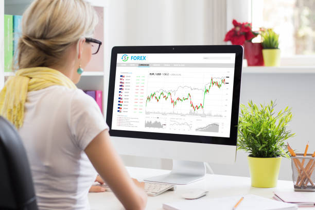 istock Woman trading currencies online on forex trading platform 879598520