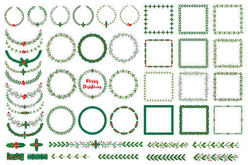 Set of New year, Christmas doodle hand drawn wreath frames, boders. Used brushes included. Vector illustration