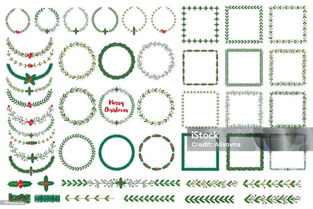 Christmas wreath, frames, brushes Set of New year, Christmas doodle hand drawn wreath frames, boders. Used brushes included. Vector illustration Christmas stock vector