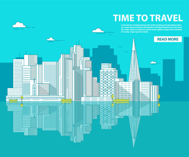 illustrazioni stock, clip art, cartoni animati e icone di tendenza di san francisco il centro con edifici grattacieli. paesaggio cittadino in stile linea piatta un vettore. - san francisco county skyline silhouette sky