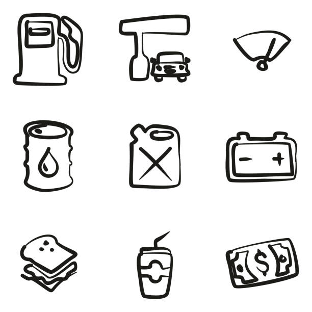 ilustraciones, imágenes clip art, dibujos animados e iconos de stock de gas bomba iconos a mano alzada - currency odometer car gasoline
