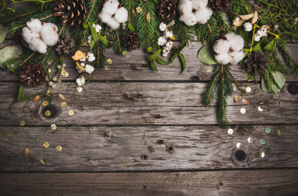istock New Year composition on a wooden table. Christmas background. Flat lay.Top view 879627148