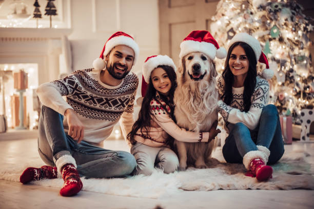 glückliche familie wartet auf das neue jahr in santa claus hüte beim sitzen in der nähe von schönen weihnachtsbaum zu hause. - weihnachten familie stock-fotos und bilder