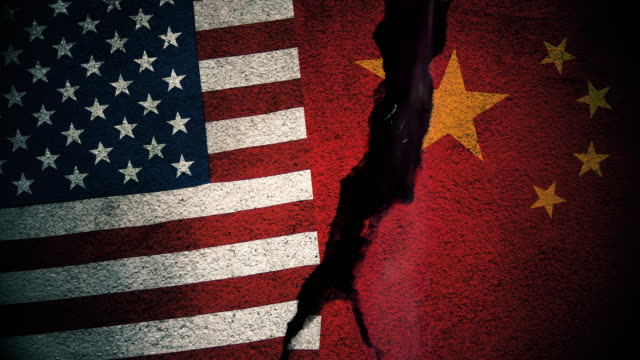 United States vs China Flags on Cracked Wall