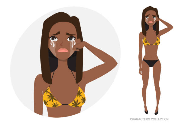 Crying black african american girl wipe tears from her face Crying black african american girl wipe tears from her face. Woman in swimsuit crying. Depression in the modern world. The grief and disappointment. menique lagoon stock illustrations