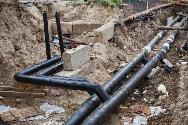 istock Water pipes with insulation lie on the ground. Construction works. 879637098