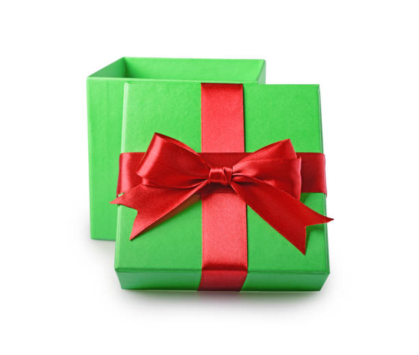 istock Classic green gift box with red satin bow 879645332