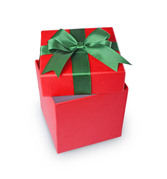 istock Classic red gift box with green satin bow 879645448