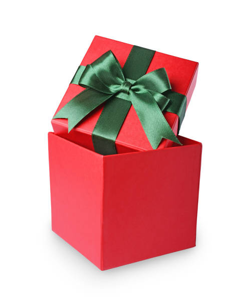 istock Classic red gift box with green satin bow 879645642