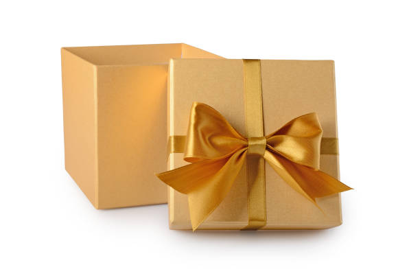 istock Golden classic open shiny gift box with satin bow 879646018